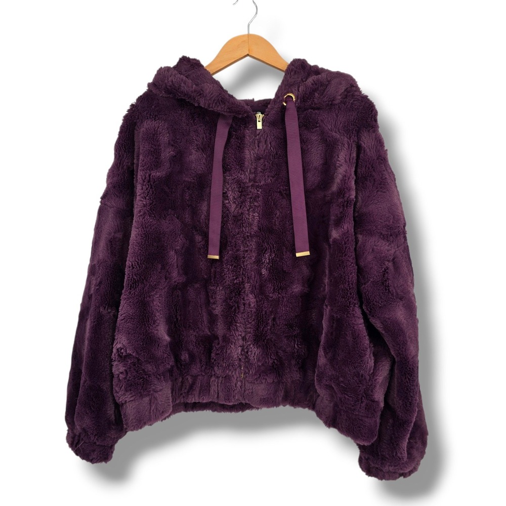 Express Womens Purple Faux Fur Full Zip Teddy Hoodie Jacket Size Small Oversized
